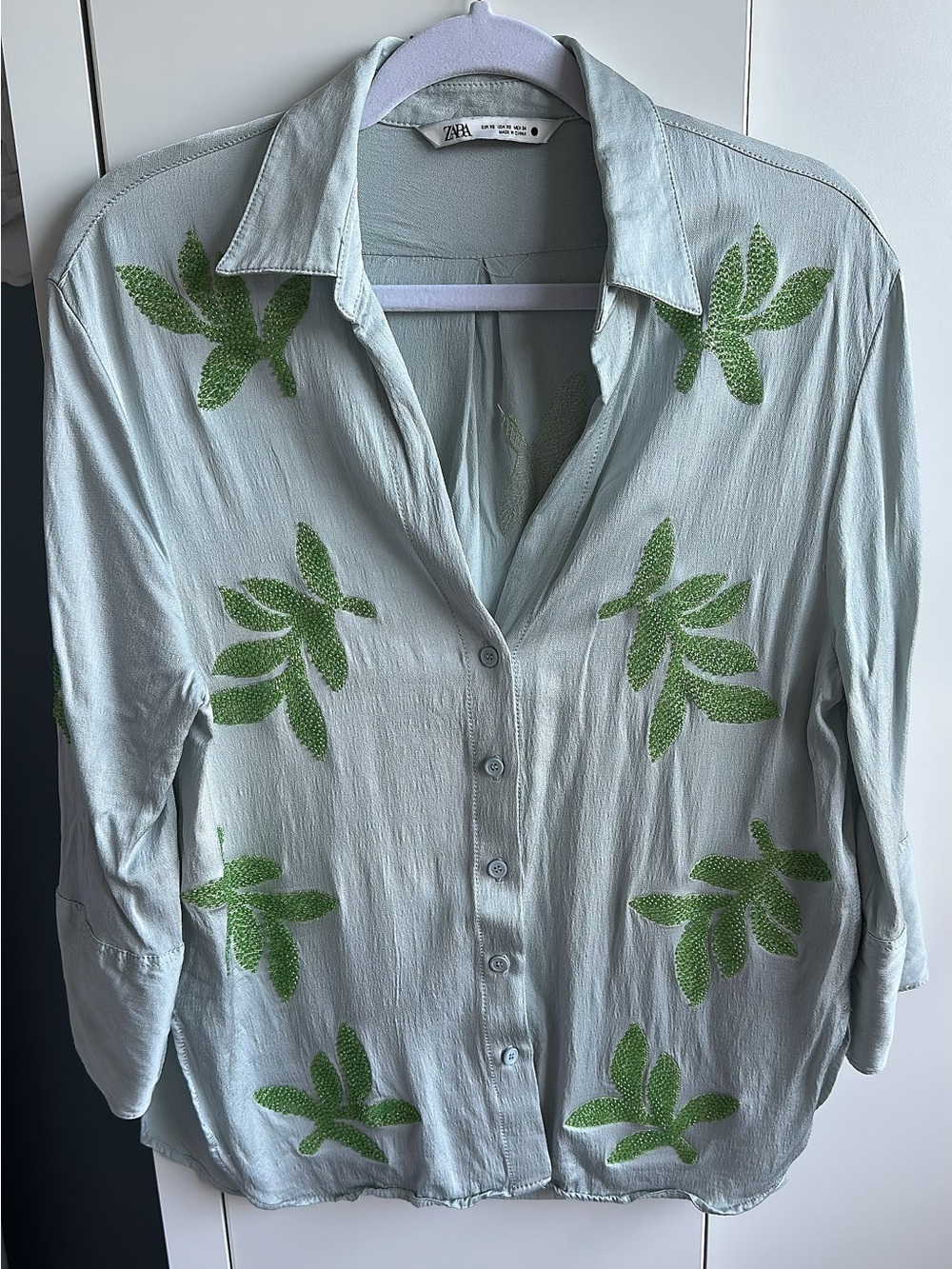 Zara Pale Mint Button-Down Shirt with Green Leaf Appliqué